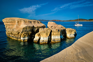 Image showing Yacht boat at Sarakiniko Beach in Aegean sea, Milos island , Greece