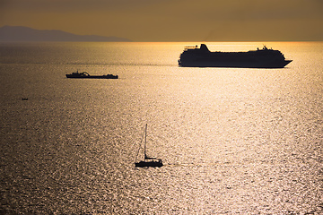 Image showing Cruise ship silhouette in Aegean sea on sunset