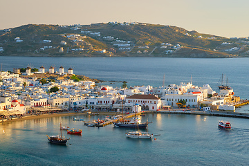 Image showing Mykonos island port with boats, Cyclades islands, Greece