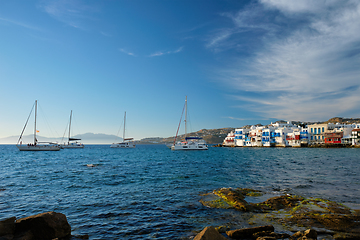 Image showing Sunset in Mykonos, Greece, with cruise ship and yachts in the harbor