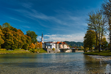 Image showing Bad Tolz - picturesque resort town in Bavaria, Germany in autumn and Isar river