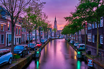 Image showing Canal with parked along cars in Delft town, Netherlands