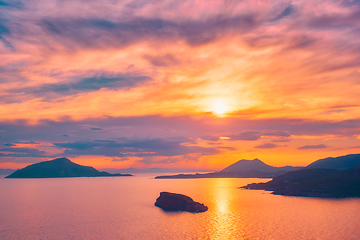 Image showing Aegean Sea with islands view on sunset