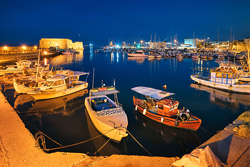 Image showing Venetian Fort in Heraklion and moored fishing boats, Crete Island, Greece