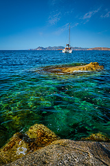 Image showing Yacht boat at Sarakiniko Beach in Aegean sea, Milos island , Greece