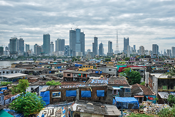 Image showing View of Mumbai skyline over slums in Bandra suburb