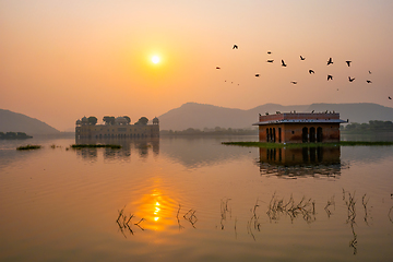 Image showing Tranquil morning at Jal Mahal Water Palace at sunrise in Jaipur. Rajasthan, India