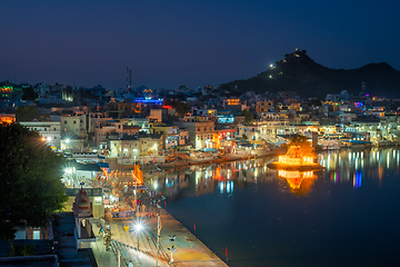 Image showing View of indian pilgrimage sacred city Pushkar with Pushkar ghats. Rajasthan, India. Horizontal pan