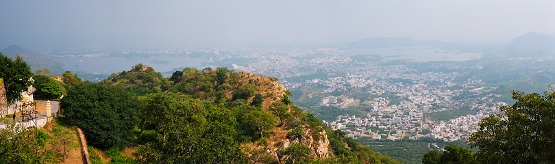 Image showing View of Udaipur and Lake Pichola from Monsoon Palace. Udaipur, Rajasthan, India