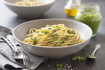 Image showing Spaghetti basil pesto