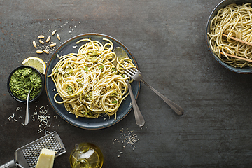 Image showing Spaghetti basil pesto