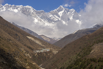 Image showing Everest summit, Lhotse and village in Himalayas