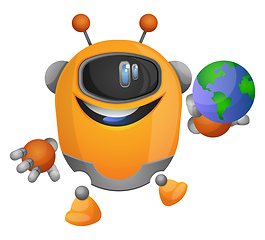 Image showing Cartoon robot holding a globe illustration vector on white backg