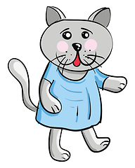 Image showing A grey-colored cartoon cat in a blue dress vector or color illus