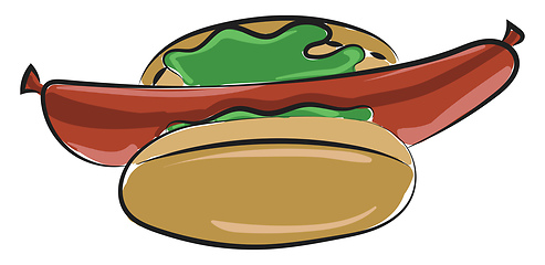 Image showing A long sausage hot dog with green sauce, vector or color illustr