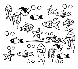 Image showing A beautiful black and white doodle art of various marine animals