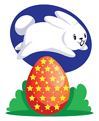 Image showing White easter rabbit jumping over red egg illustration web vector