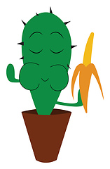 Image showing Funny clipart of a cactus plant emoji enjoying banana as it hold