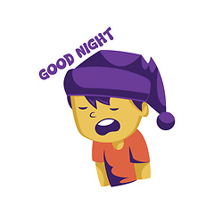 Image showing Sleepy yellow boy with purple sleeping hat saying Good night vec