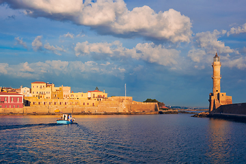 Image showing Boat in picturesque old port of Chania, Crete island. Greece