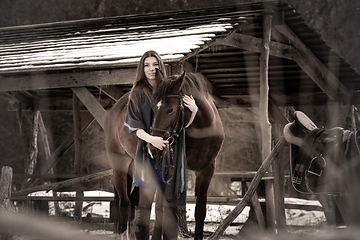 Image showing A girl in a blue dress hugs a horse against the backdrop of a snow-covered canopy in the forest, muted colors