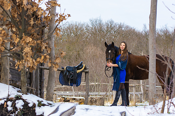 Image showing A girl in a blue dress walks with a horse through a farm in winter