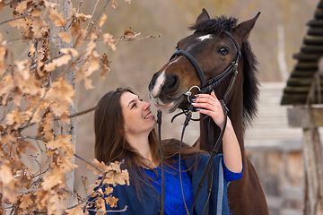 Image showing Close-up portrait of a horse and a beautiful girl of Slavic appearance