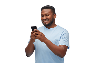 Image showing happy african american man with smartphone