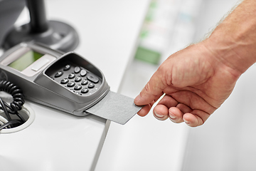 Image showing close up of hand with credit card in card-reader