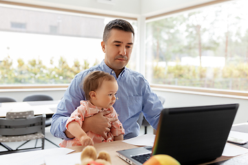 Image showing father with baby working on laptop at home office