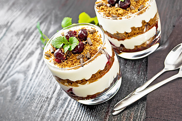 Image showing Dessert Black Forest in two glasses on dark board