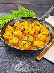 Image showing Meatballs in pan with tomato sauce on board