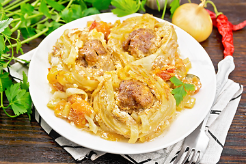 Image showing Pasta with meatballs in plate on board