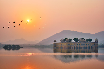 Image showing Tranquil morning at Jal Mahal Water Palace at sunrise in Jaipur. Rajasthan, India