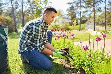 Image showing man pouring soil to flowers at summer garden