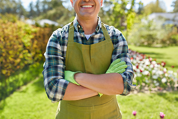 Image showing happy man in apron at summer garden