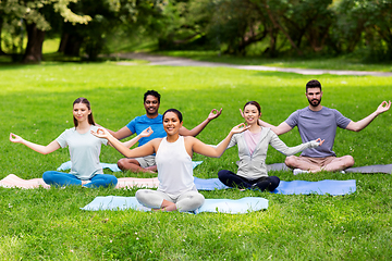 Image showing group of happy people doing yoga at summer park