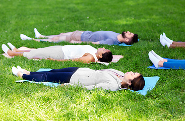 Image showing group of people doing yoga at summer park