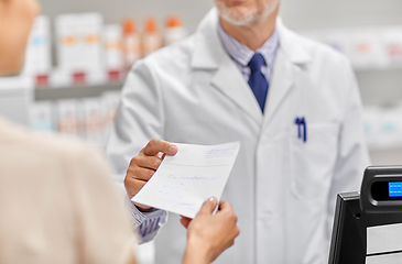 Image showing pharmacist and customer with medical prescription