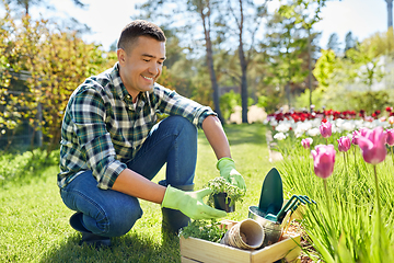 Image showing happy man with tools in box and flowers at garden