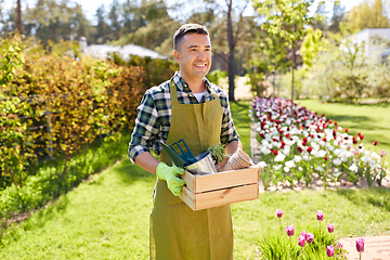 Image showing happy man with tools in box at summer garden