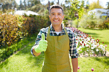 Image showing happy man in apron showing thumbs up at garden