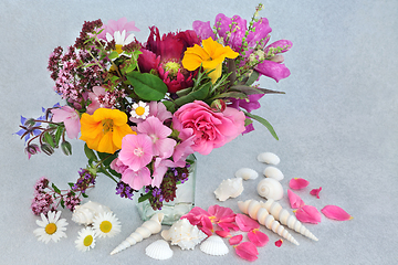 Image showing English Summer Flower Arrangement and Seashell Composition