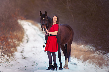 Image showing A beautiful girl in a red dress walks with a horse against the backdrop of a winter forest