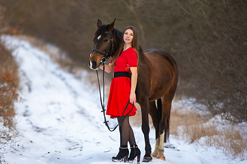 Image showing A beautiful girl in a red dress stands with a horse against the background of a winter forest and a road, the girl hugs the horse and looks into the frame