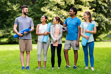 Image showing group of happy people with yoga mats at park