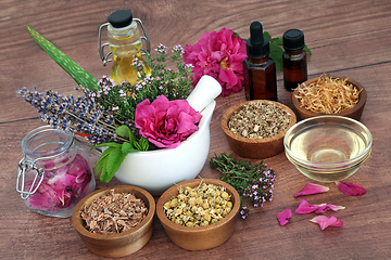 Image showing Alternative Medicine with Herbs and Flowers for Skincare 