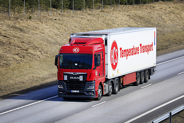 Image showing Red MAN TGX 26.470 Truck Semi FRC Trailer on Road