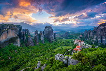 Image showing Sunset sky and monasteries of Meteora