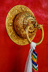 Image showing Lion shaped door handle in Buddhist temple